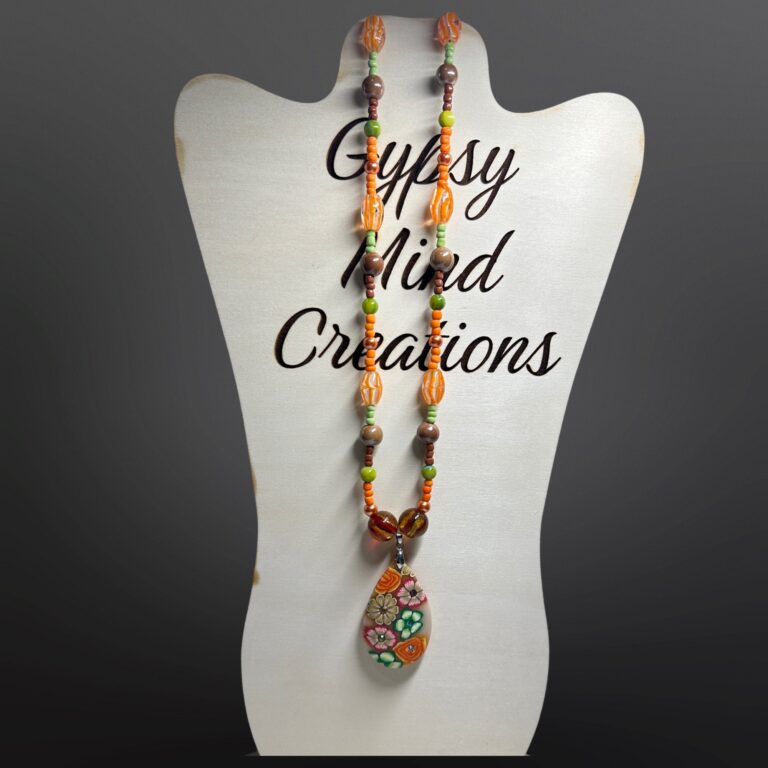 Orange Flowered Clay Pendant Bead Necklace 1
