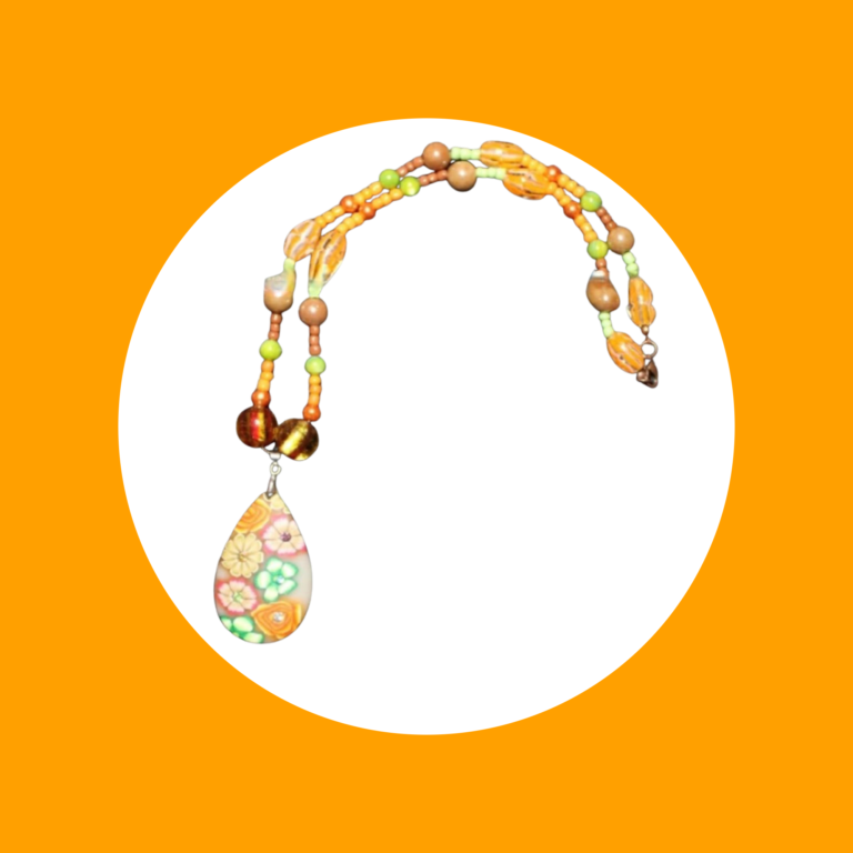 Orange Flowered Clay Pendant Bead Necklace