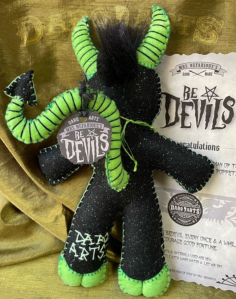 Bedevils - Pewtrid. Black soft felt body with bright green horns, tail, hooves and reversed pentagram. Full back view.