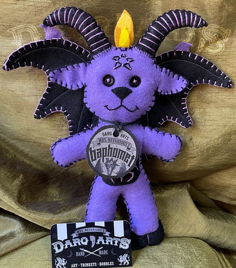 Baphomet front full view of adorable soft felt poppet handmade by Mrs. Nefarious of Darq.arts. Purple body with black wings, horns, hooves and tummy. Eternal flame on top of head.
