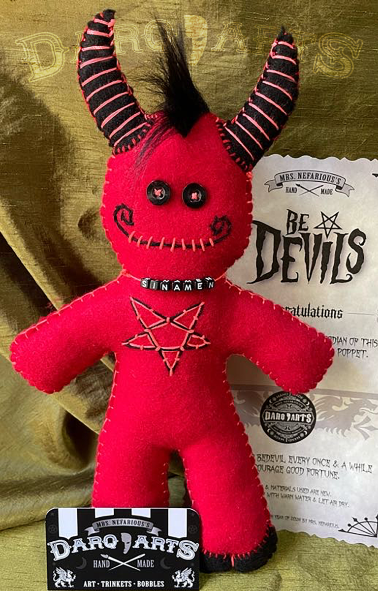 Bedevils - Sinamen. Bright red soft felt body with black horns, tail, hooves and reversed pentagram. Full front view.