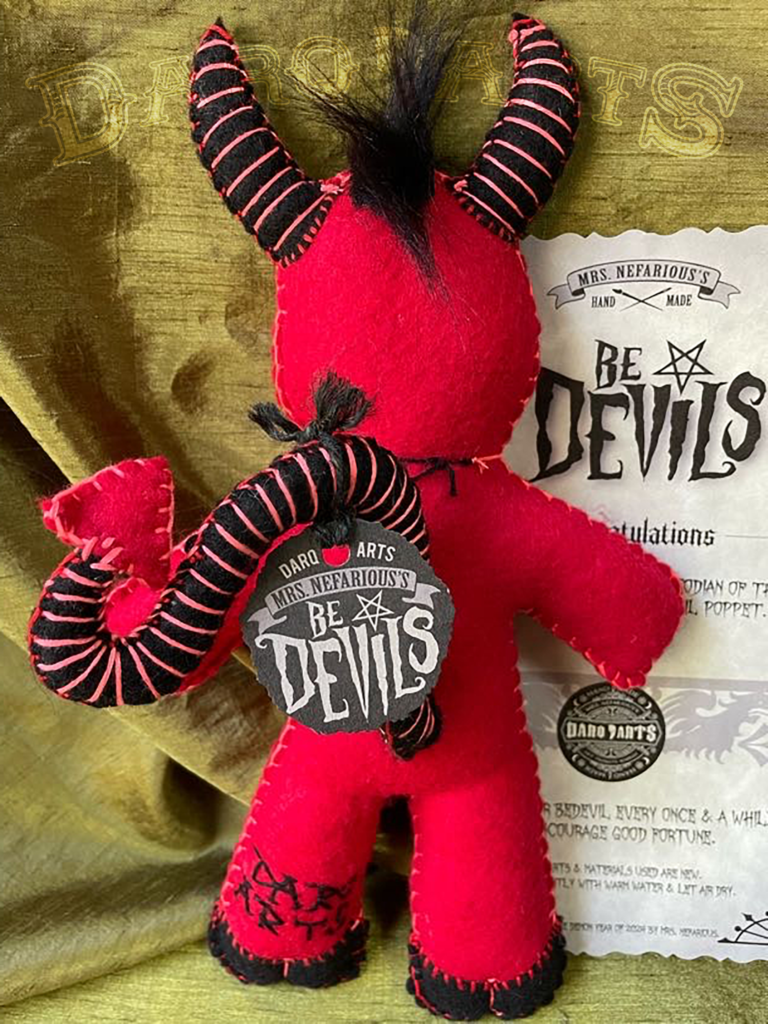 Bedevils - Sinamen. Bright red soft felt body with black horns, tail, hooves and reversed pentagram. Full back view.