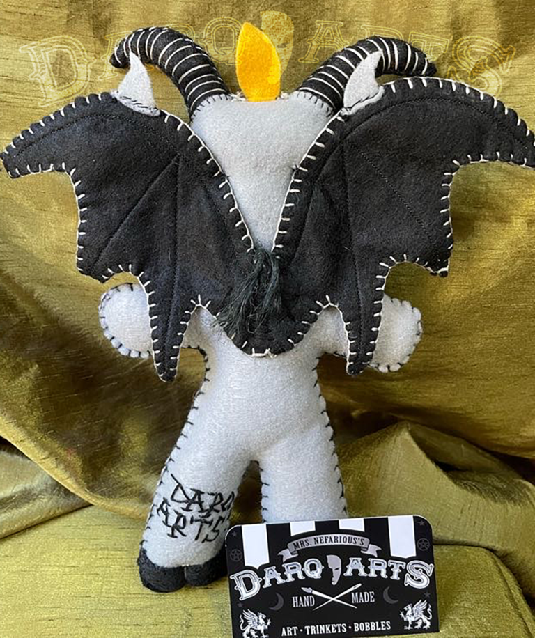 Baphomet back full view of adorable soft felt poppet handmade by Mrs. Nefarious of Darq.arts. Aqua body with black wings, horns, hooves and tummy. Eternal flame on top of head.