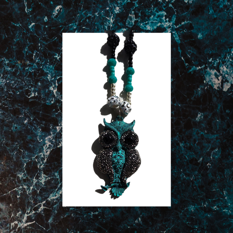 Turquoise and Black Owl Pendant Bead Necklace 18 20
