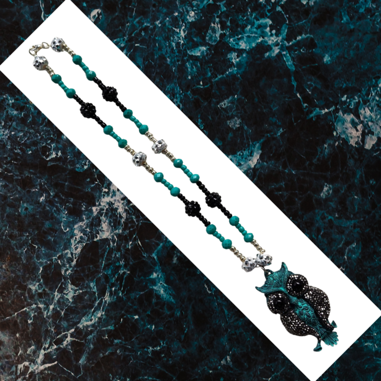 Turquoise and Black Owl Pendant Bead Necklace