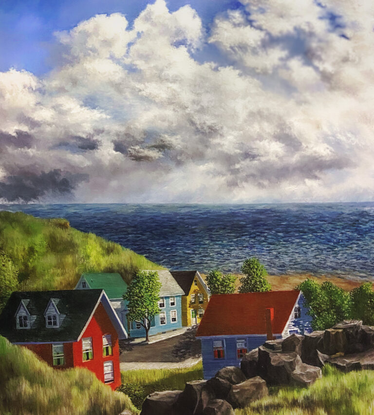 This is a colorful Summer seascape painting with a small grassy field leading to a rock wall overlooking a seaside town with a few houses & a road that leads to the beach. The ocean is calm, along with a mostly cloudy sky, including patches of blue.