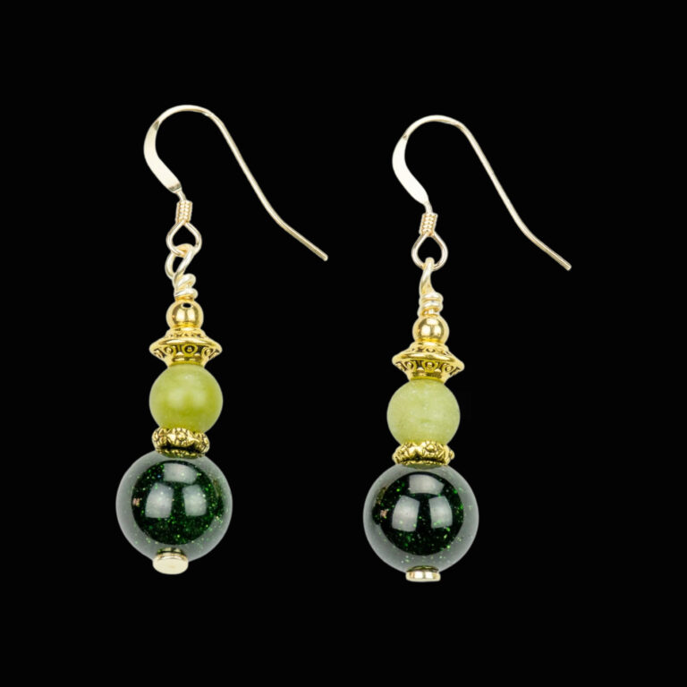 Green Goldstone and light green Taiwan Jade bead earrings with 14k gold filled French ear wires.