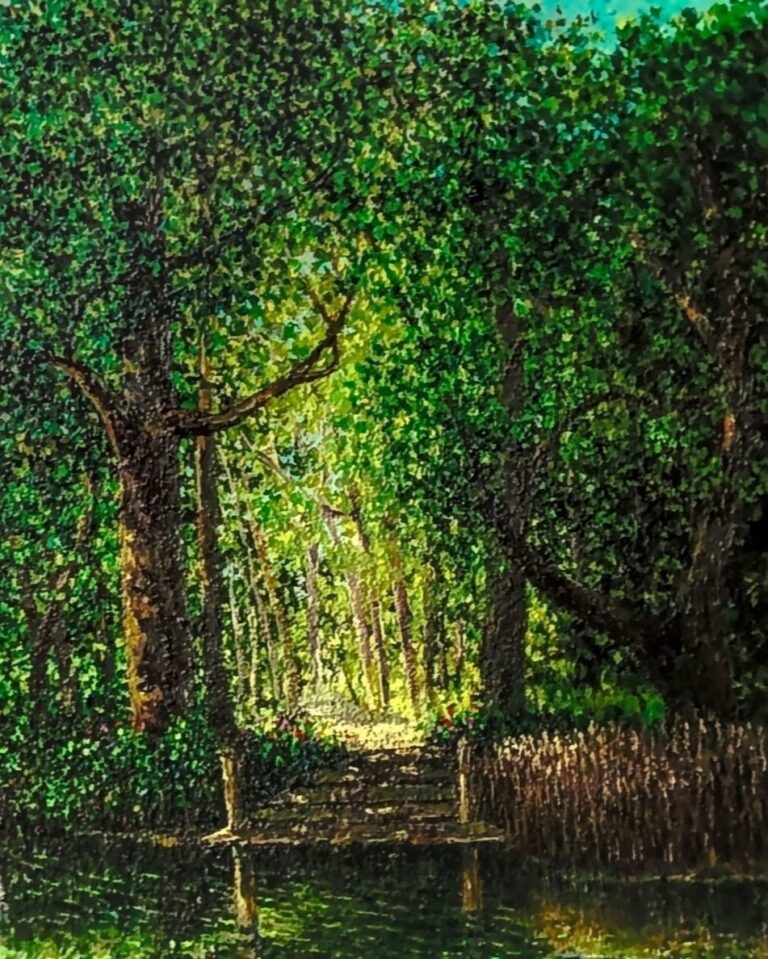 Original 16 x 20-inch oil on canvas painting created in 2017...The Summer painting depicts a riverfront with a central deck/dock extending onto the water. The deck is surrounded by cattails, wild plants, and grasses. The background is a sunlit center path leading towards a sun-patched forest. This one-of-a-kind artwork will inspire you to want to fade into it.