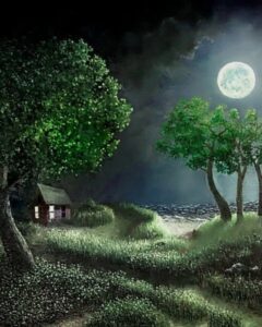 Good Moon Rising...reflections on beach. Paths leading to house with two lit windows. Few trees on opposite sides of the painting. Left sky is dark lighter towards the lower right side.