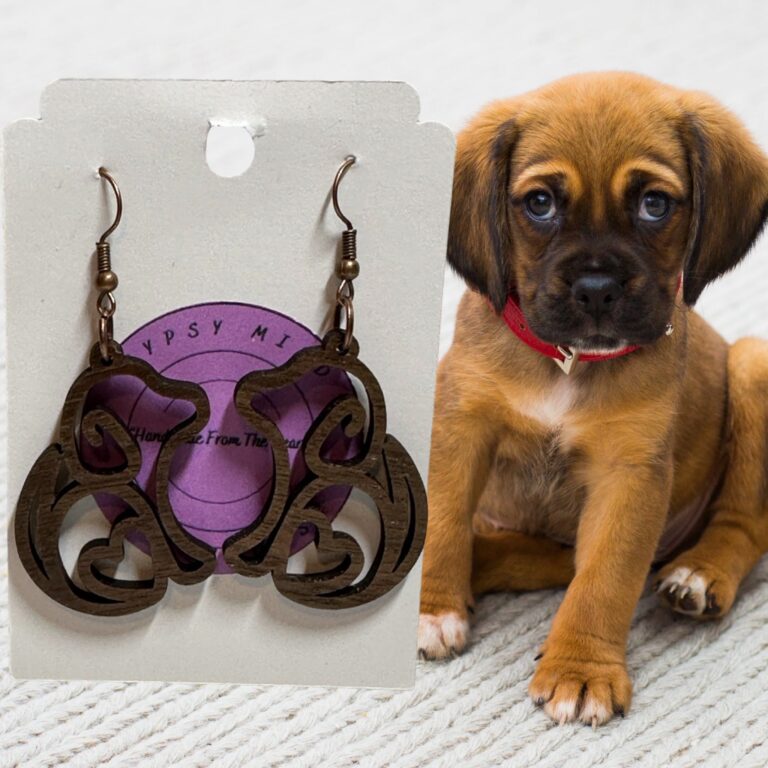 Dog Silhouette Wood Dangle Earrings Med Walnut Hardwood 1.5 in