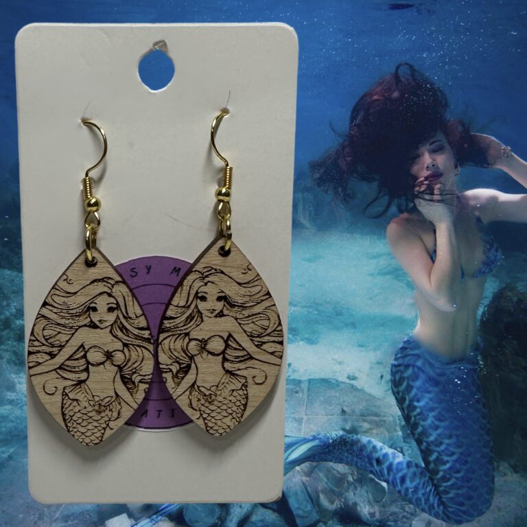 Mermaid Wood Dangle Earrings Med Maple Hardwood 1.5 in
