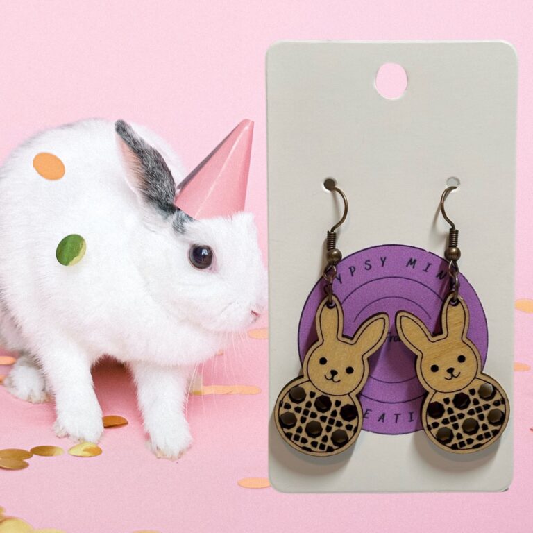 Rattan Bunny Laser Cut Lightweight Wood Earrings Med Basswood Hardwood 1.25 in
