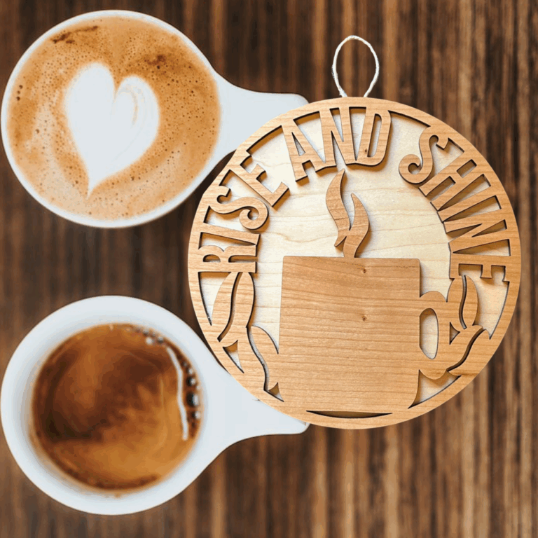 RiseandShineCoffeeLaserCutWoodSign8x8MedMaple CherryPlywood1