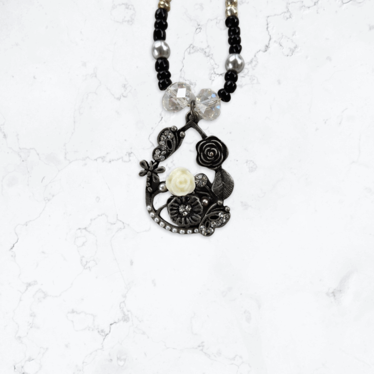 Silver Black Flower Pendant Bead Necklace 18 20