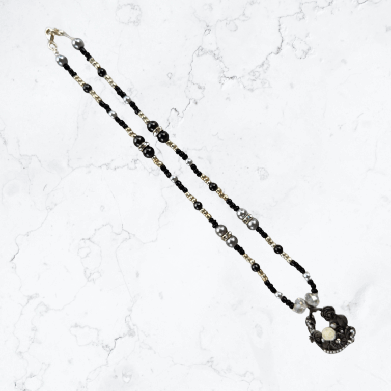 Silver Black Flower Pendant Bead Necklace