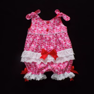 Baby Bubble Ruffle Back Romper-Hearts, Satin Bows, Eyelet Ruffles