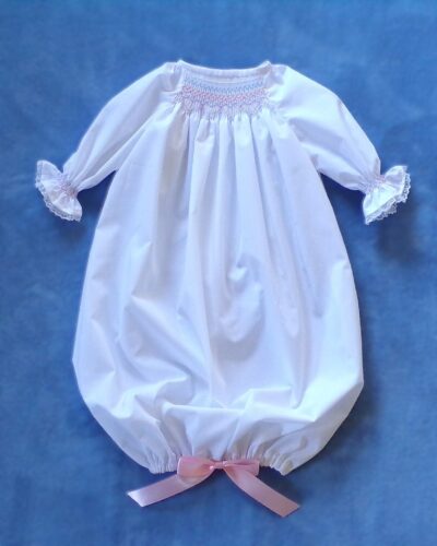 White Baby Gown / Hand Smocking/ Pastel Rainbow Threads