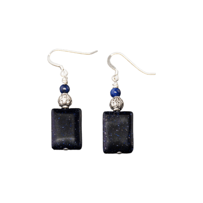 Blue Goldstone rectangular earrings with lapis lazuli and Tibetan Silver beads and Sterling Silver French ear wires. These are shown on a white background.