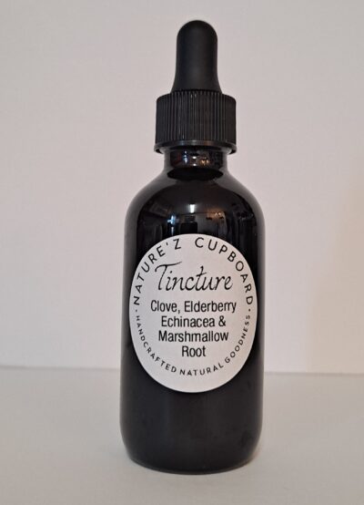 Dark glass dropper bottle labeled “Nature’z Cupboard Tincture – Clove, Elderberry, Echinacea & Marshmallow Root” against a plain white background.