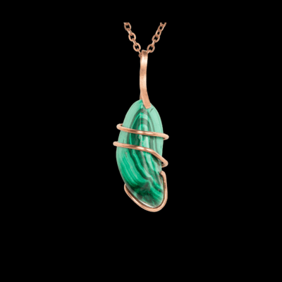 Green malachite polished stone wrapped minimally in hammered copper wire.