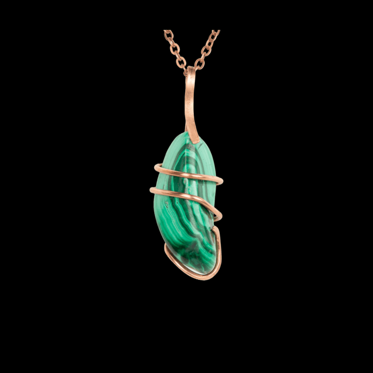 Green malachite polished stone wrapped minimally in hammered copper wire.