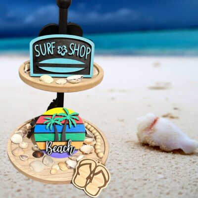 Beach Decorative Tray Set with Laser Engraved Wood Signs- With or Without Tiered Tray