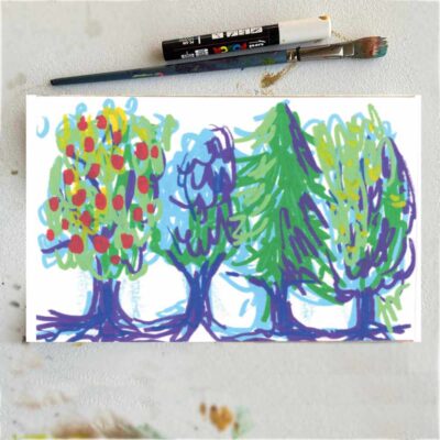 cheerful apple tree, random fun tree, pine tree and oak tree