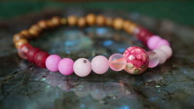 Rose Bead with Rhodonite & Jade Gemstone Stretch Bracelet