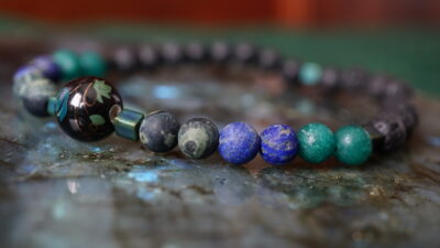 Flower Bead with Lapis Lazuli & Kambaba Jasper Gemstone Stretch Bracelet