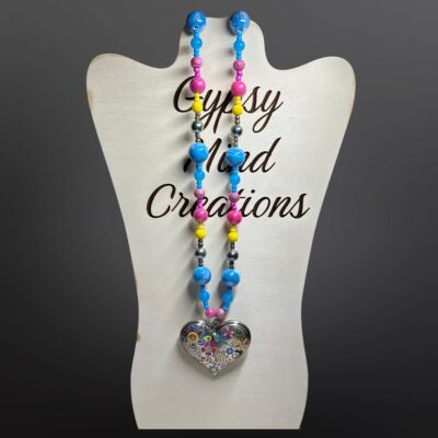 Colorful Flower Heart Pendant Handmade Bead Necklace