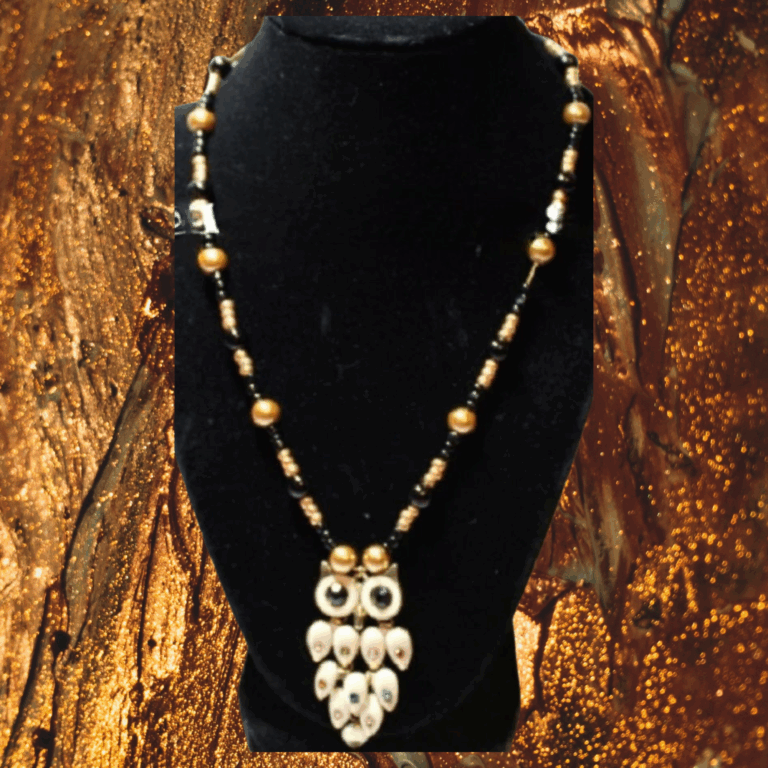 Gold Owl Pendant Bead Necklace 18