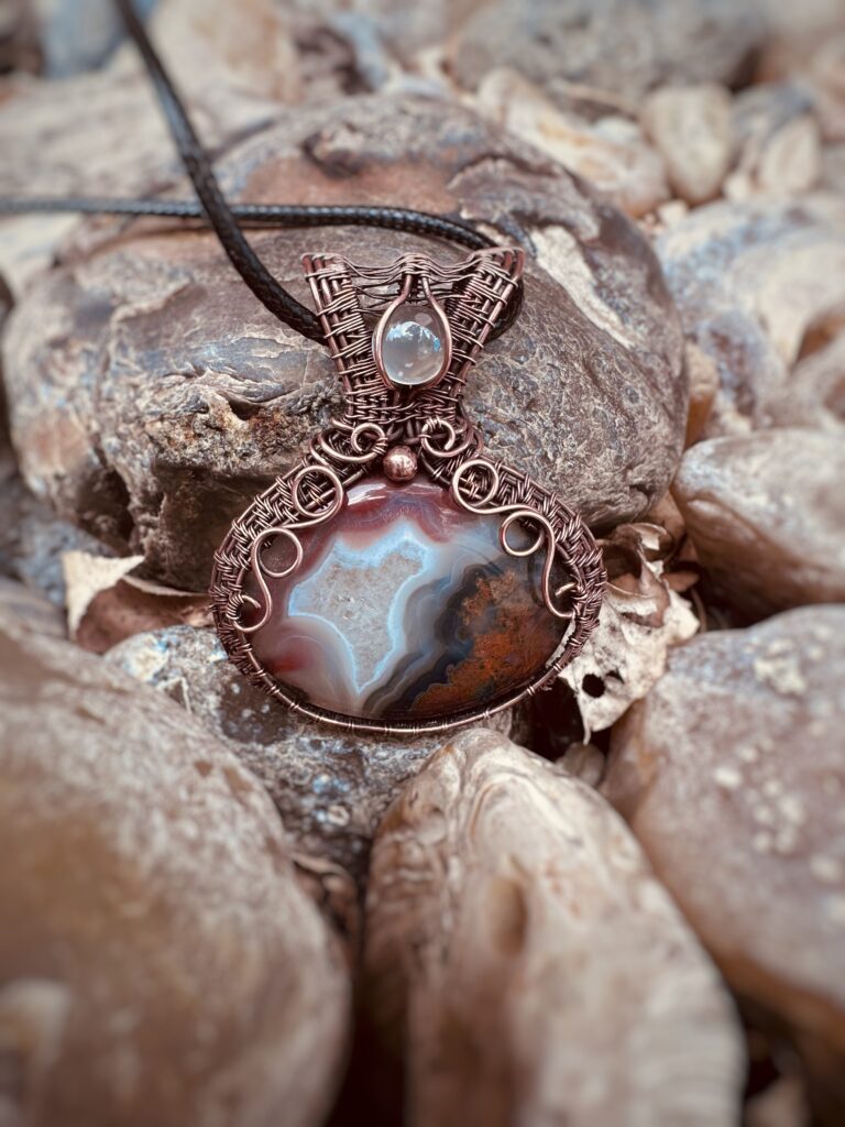 Vibrant Energy Wire Wrapped Agate and Moonstone Necklace
