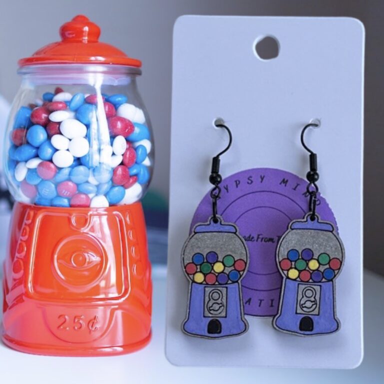 Lavender Gumball Machine Painted Wood Dangel Earrings 1 in