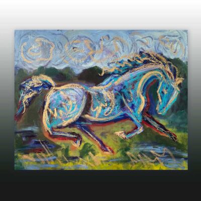 wild blue horse races across a green landscape