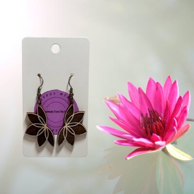 Engraved Wood Lotus Flower Handmade Dangle Earrings