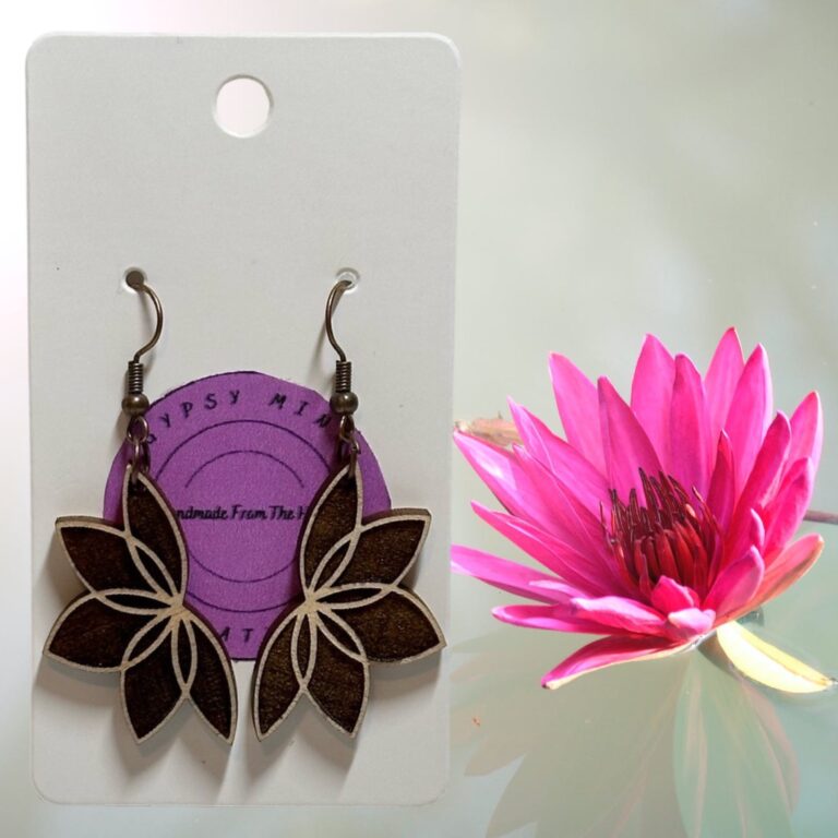 Lotus Flower Wood Dangle Earrings Med Maple Hardwood 1.5 in