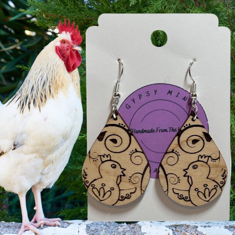 Paisley Chicken Laser Cut Lightweight Wood Earrings Med Maple Hardwood 1.5 in