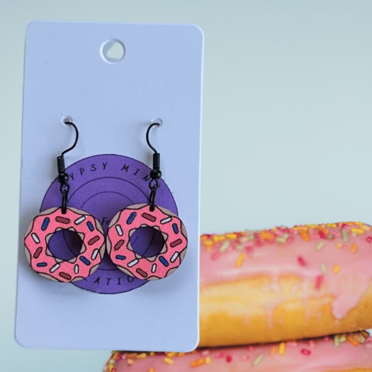 Pink Frosted Sprinkle Doughnut Painted Wood Dangle Earrings .75 in