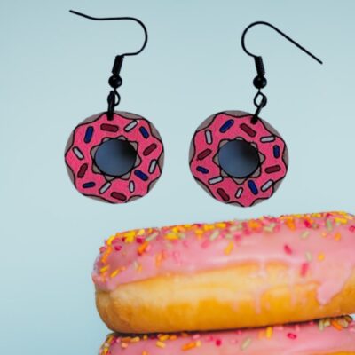 Handmade Painted Pink Wood Donut with Sprinkles Dangle Earrings
