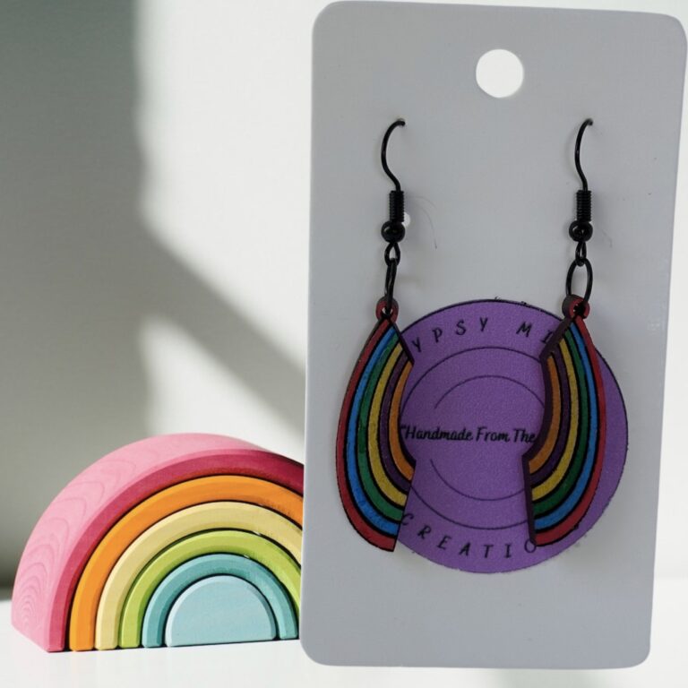 Rainbow Painted Wood Dangle Earrings 1.25 in