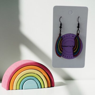 Handmade Rainbow Painted Wood Dangle Earrings