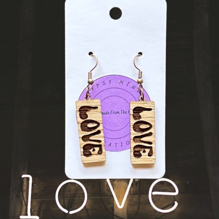 Retro Love Rectangle Laser Cut Lightweight Wood Earrings Med Red Oak Hardwood 1.25 in