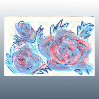 a loosely hand painted bouquet of roses in pink and blue.