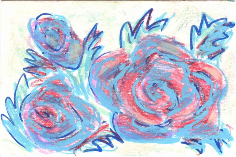 Pink roses with blue outlines in a bouquet on a white background original art