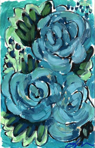 Three peaceful blue roses loosely sketched and painting with green leaves on a warm blue green background