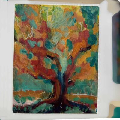 Square featured image of courageous orange and red tree on a green and teal background.