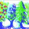 four cheerful trees painted in a row