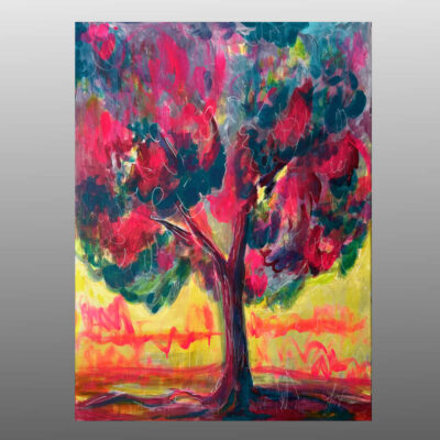 Memory of Sunset whimsical pink and blue fantasy tree print square view