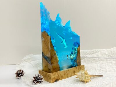 Hammerhead Shark and Diver Resin Night Light, Epoxy and Wooden Lamp, Epoxy Resin Wood Rustic Creative Handmade Furniture and Decor