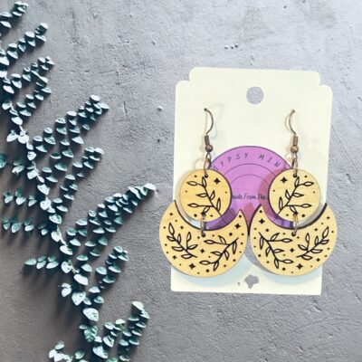 Celestial Leaf Laser Cut Handmade Wood Dangle Earrings